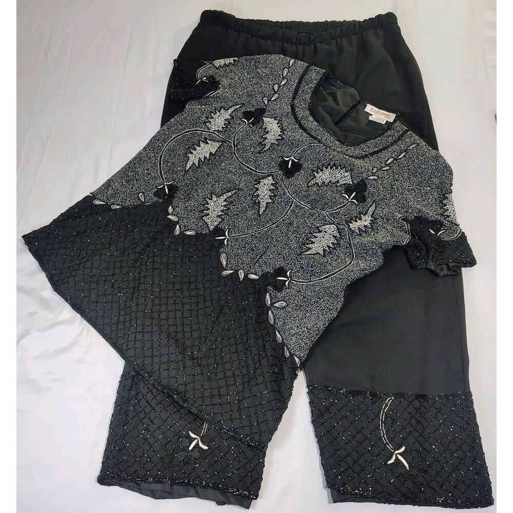 Vintage Silhouettes Beaded Embroidered Black Blouse & Pants Set 80s Size 14